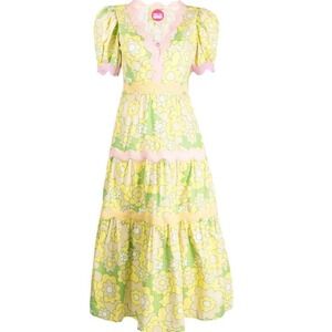 Celia B Floral Maxi Dress Puff Sleeve Tiered Ruffle Yellow Pink